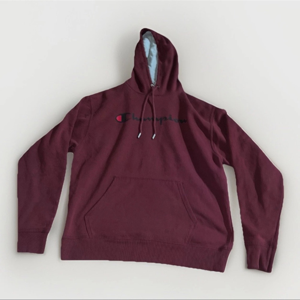 Champion Powerblend Men's Hoodie Script Logo Red Maroon Size L Sweatshirt